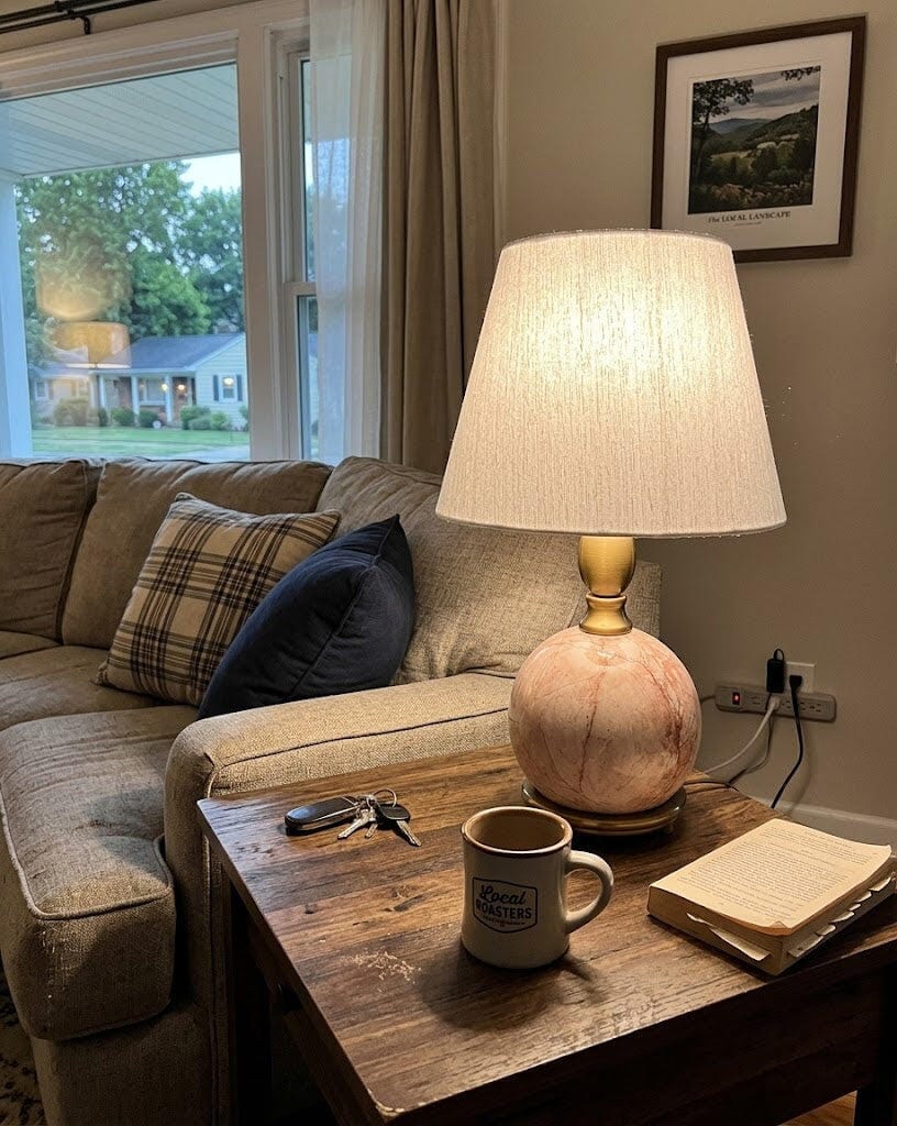 Customer photo review of Pink Marble Table Lamp, White Linen Shade, Plug In