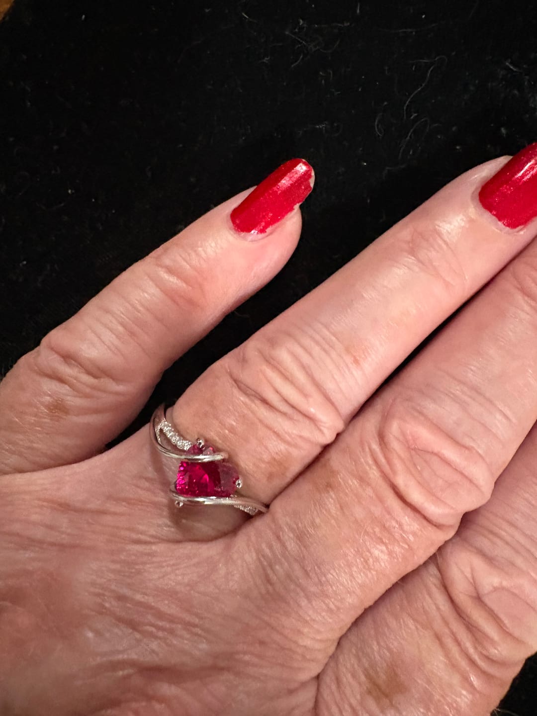 Customer photo review of Heart Cut Ruby Split Shank Pave Sterling Silver Ring