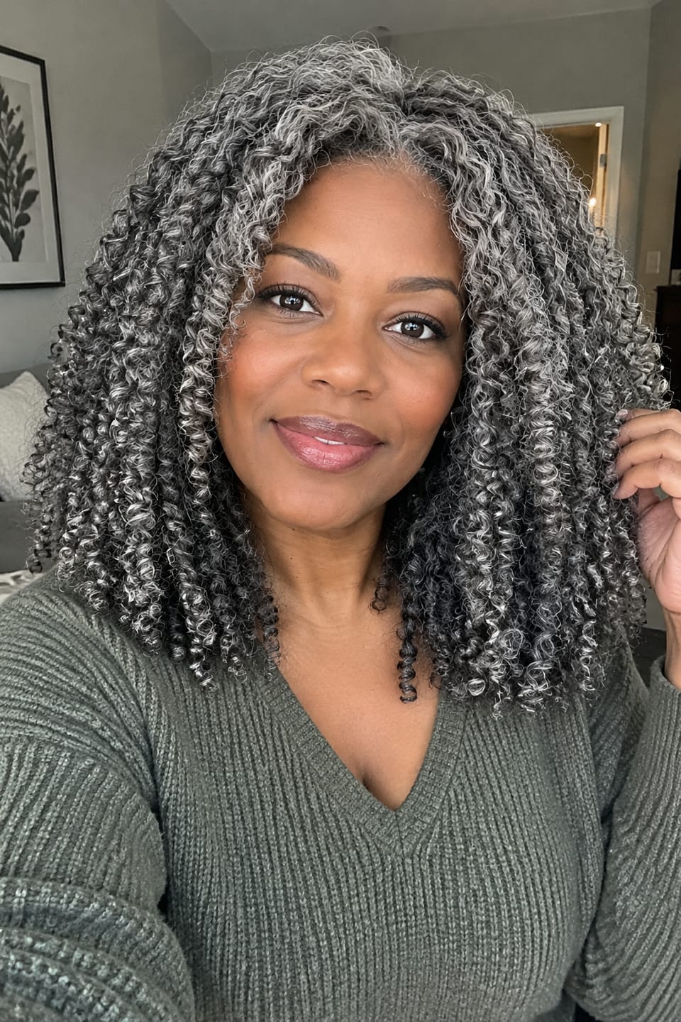 Customer photo review of Luvwin 13x4 Salt And Pepper Natural Curly Glueless Gray Color Pre-Cut Lace Bob Wig