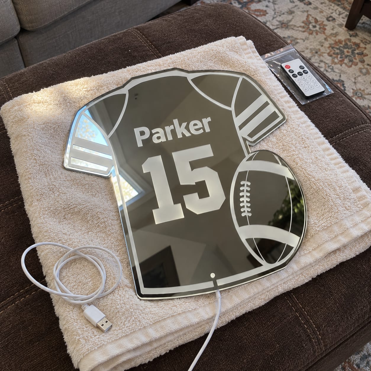 Customer photo review of Personalized Football Jersey LED Mirror