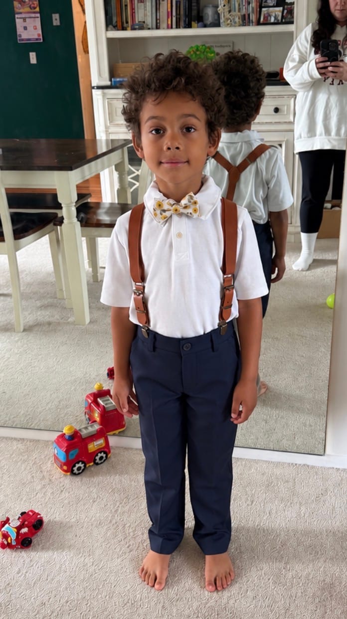 Customer photo review of Sunflower Bow Tie & Cognac Buckle Suspenders Set