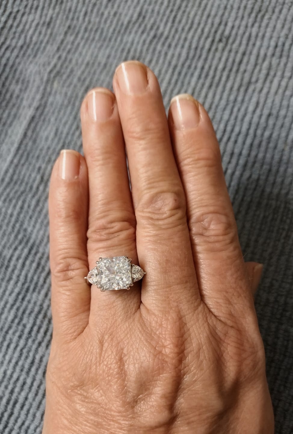 Customer photo review of Three Stone Princess Cut Sapphire Two Tone Engagement Ring
