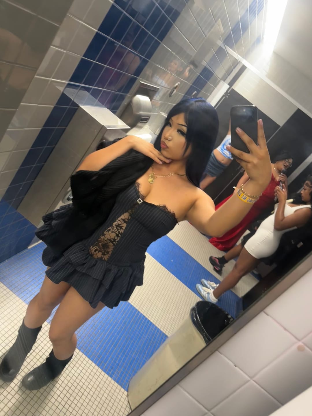 Customer photo review of Cecily Pin Stripe Tube Lace Mini Dress