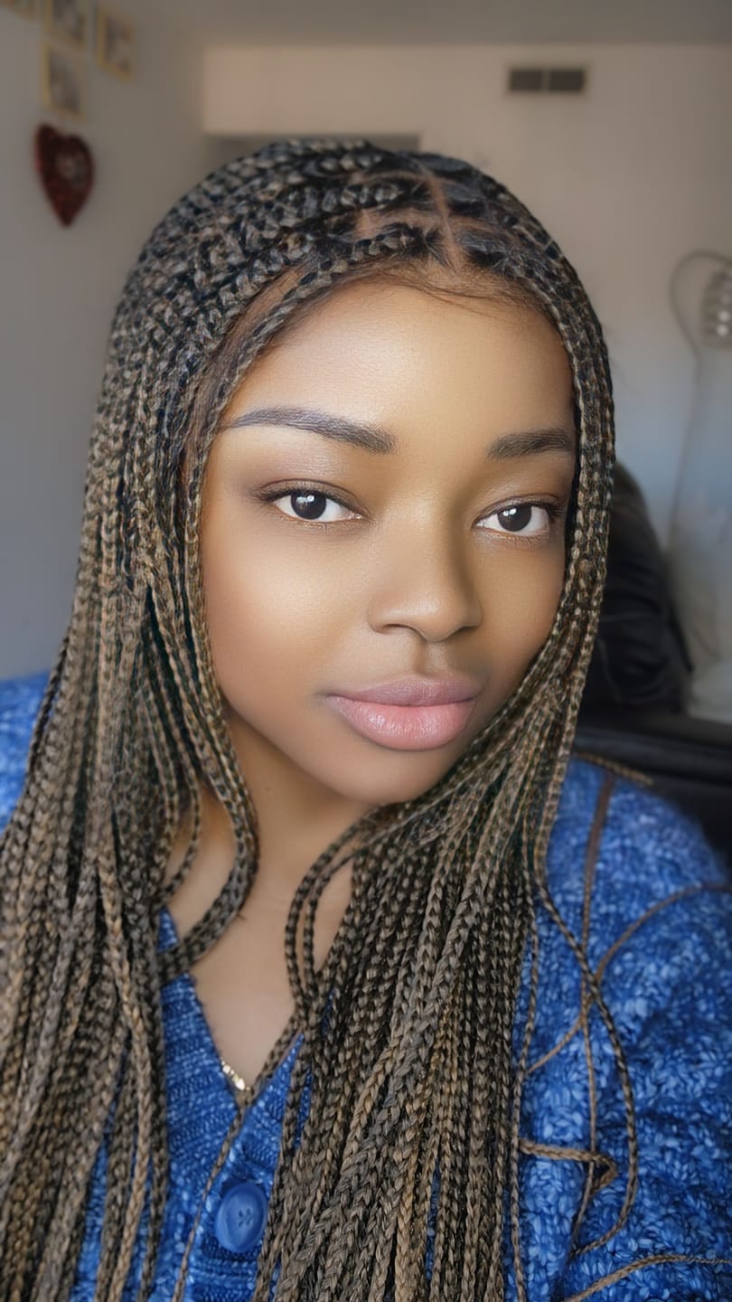 Customer photo review of Kora - Pre Bleached Human Hair Lace Lightweight Knotless Swiss HD Lace Box Braided Wig 100 Strands