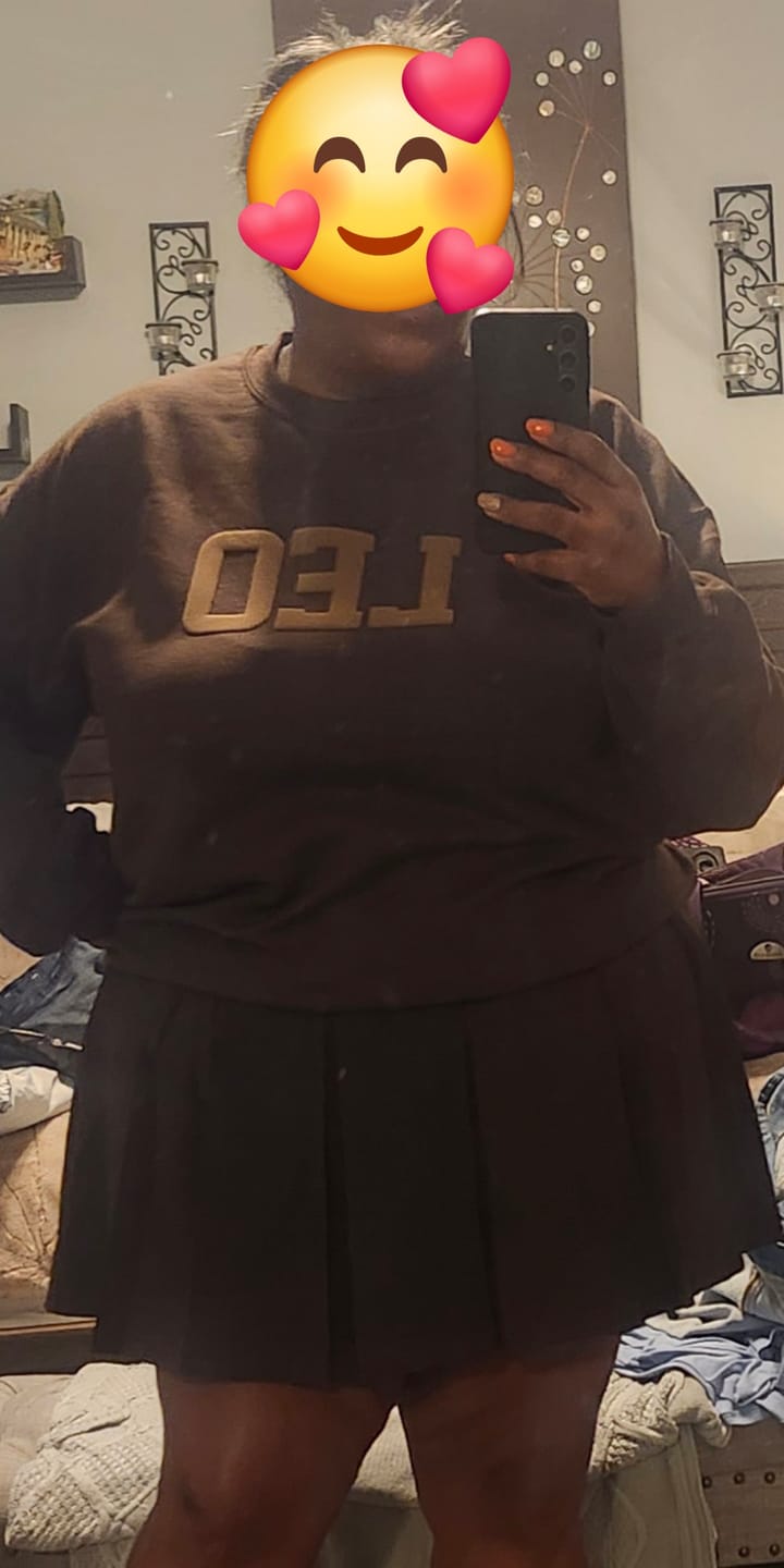Customer photo review of Chocolate Zodiac Puff Print Crewneck