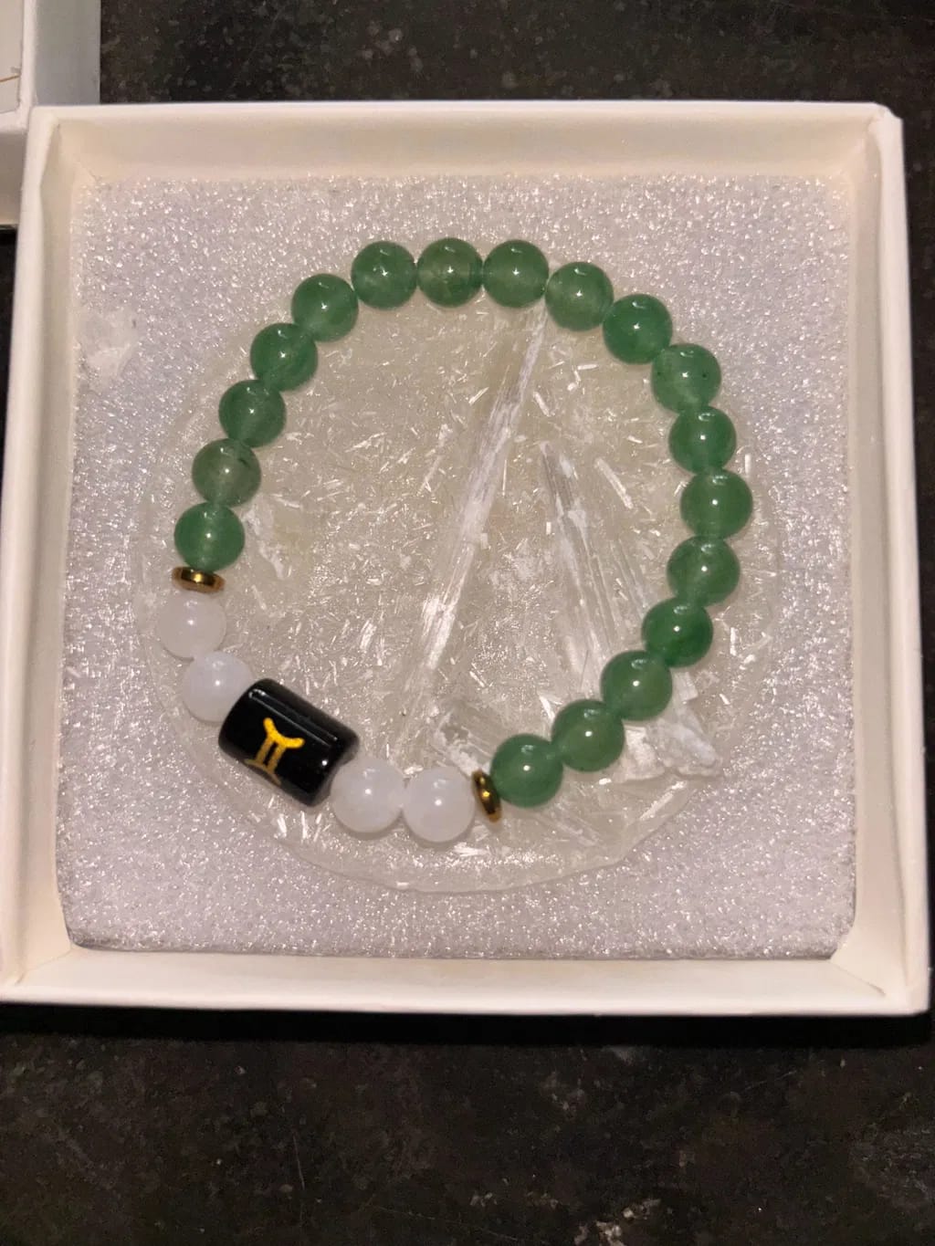 Customer photo review of Gemini (Mithun Rashi) Zodiac Bracelet – Natural Green Aventurine & Milky Quartz