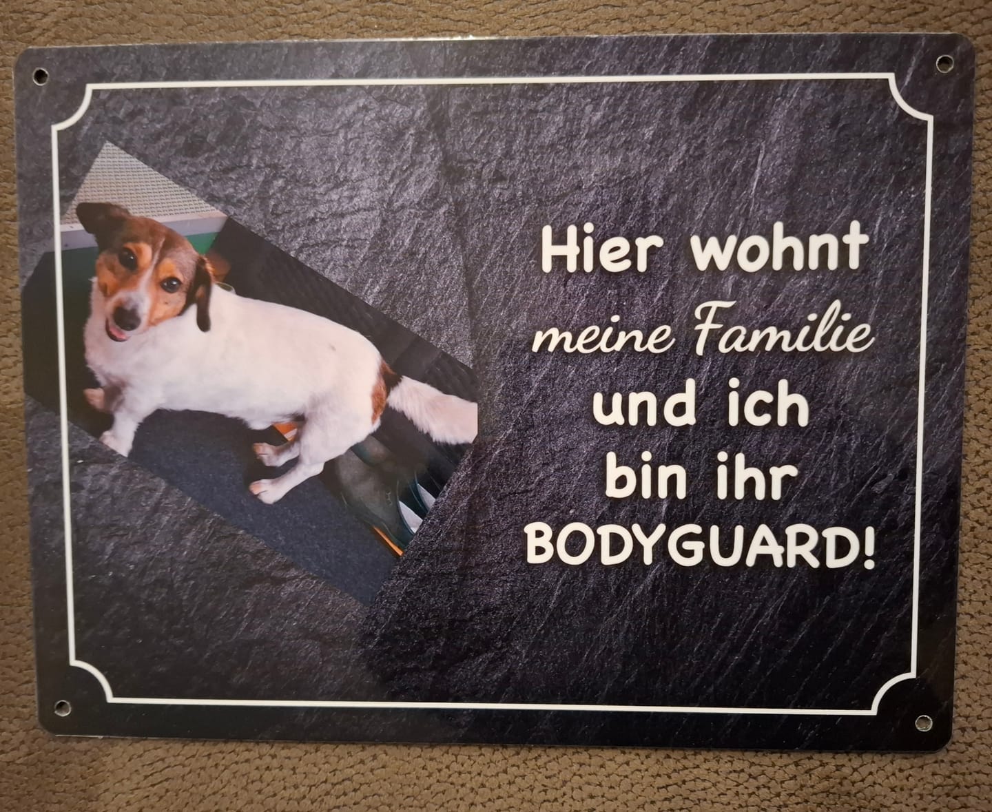 Customer photo review of Hunde-Türschild personalisiert mit Foto & Text (UV- und wetterfest)