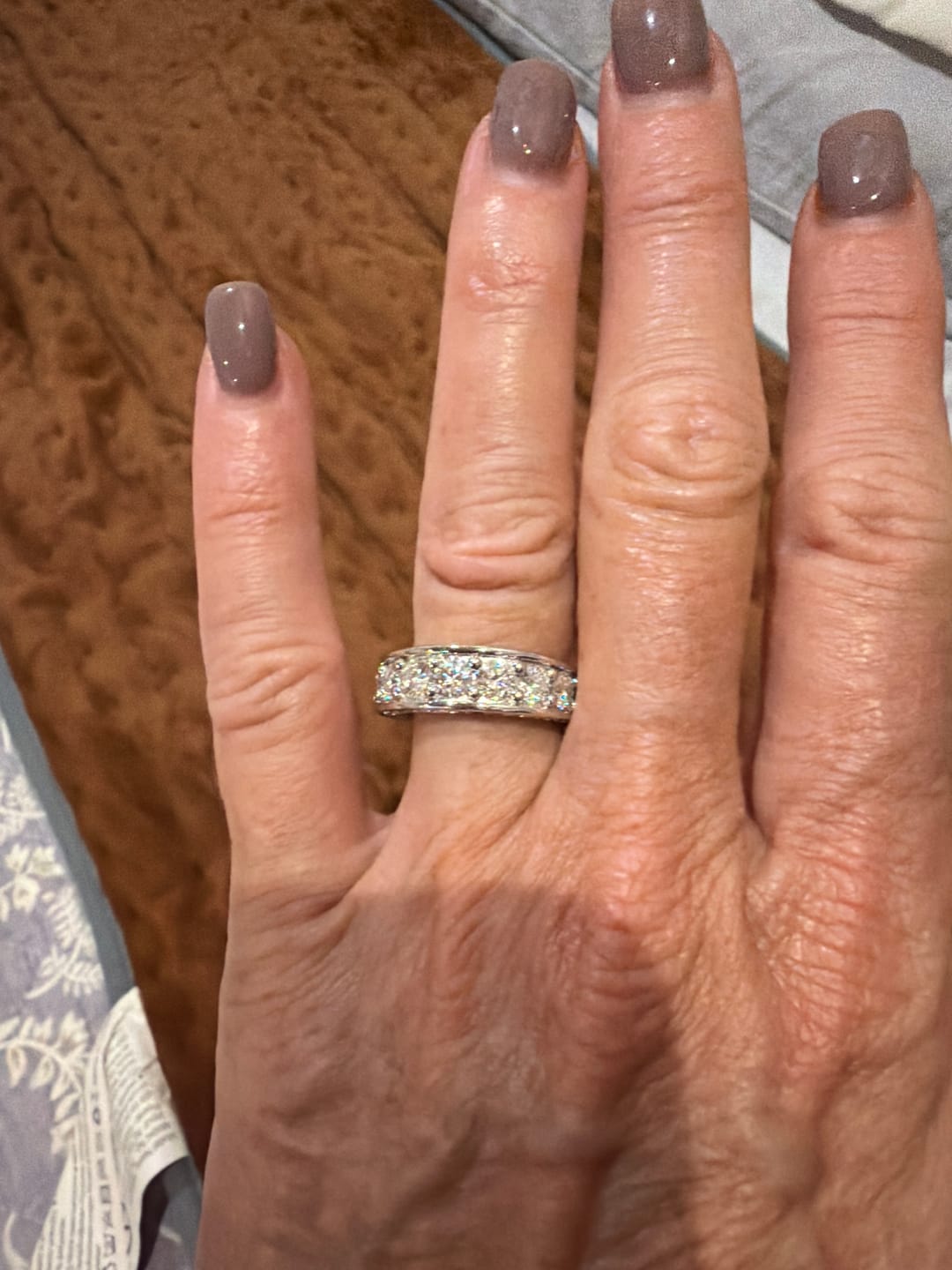 Customer photo review of Triple Channel Set Moissanite Half Eternity Wedding Band