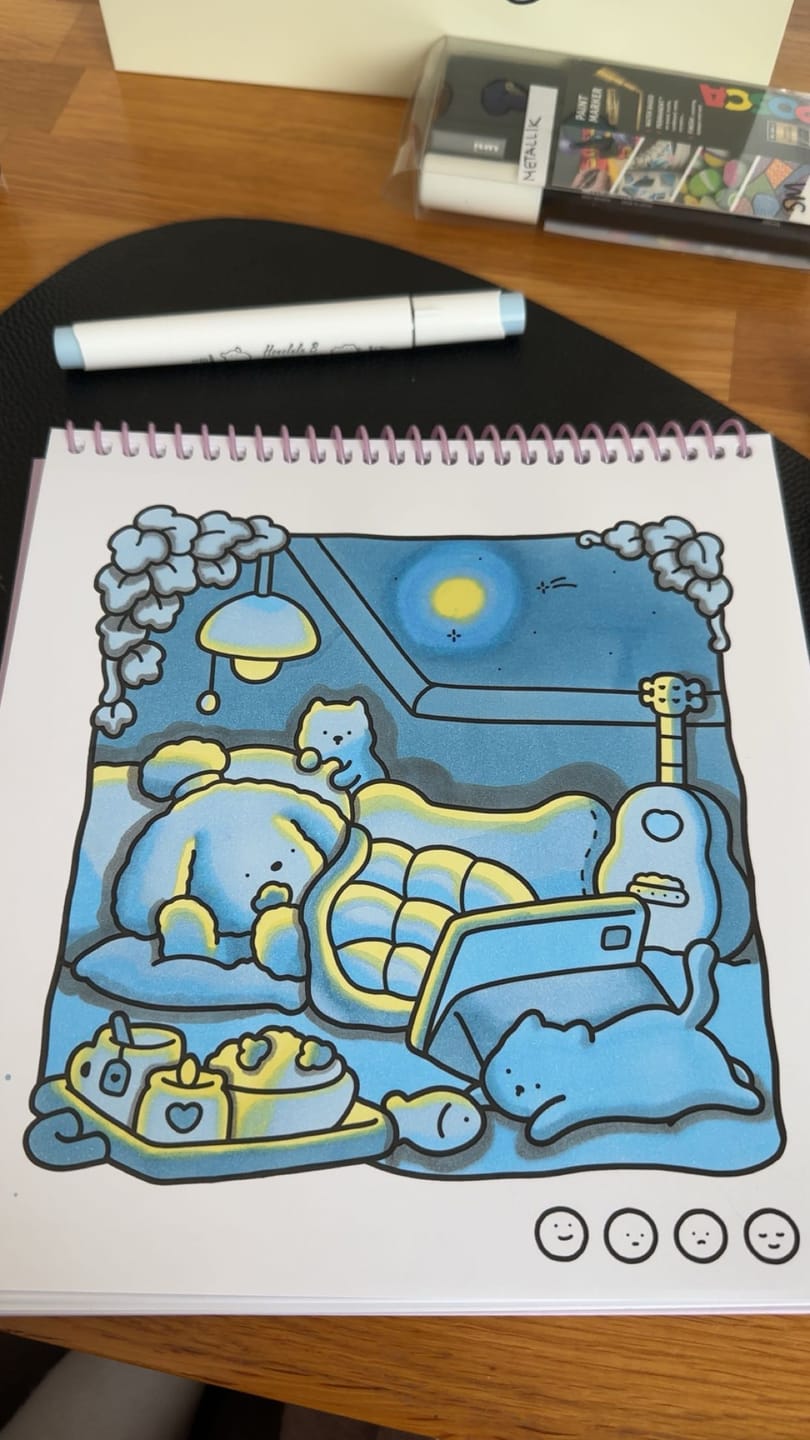 Customer photo review of Ohuhu x Coco Wyo Cozy Mood Coloring Kit, Honolulu B 48 Colors Alcohol Markers with Brush & Fine Dual Tips, Coloring Book with Mood Tracker Pages
