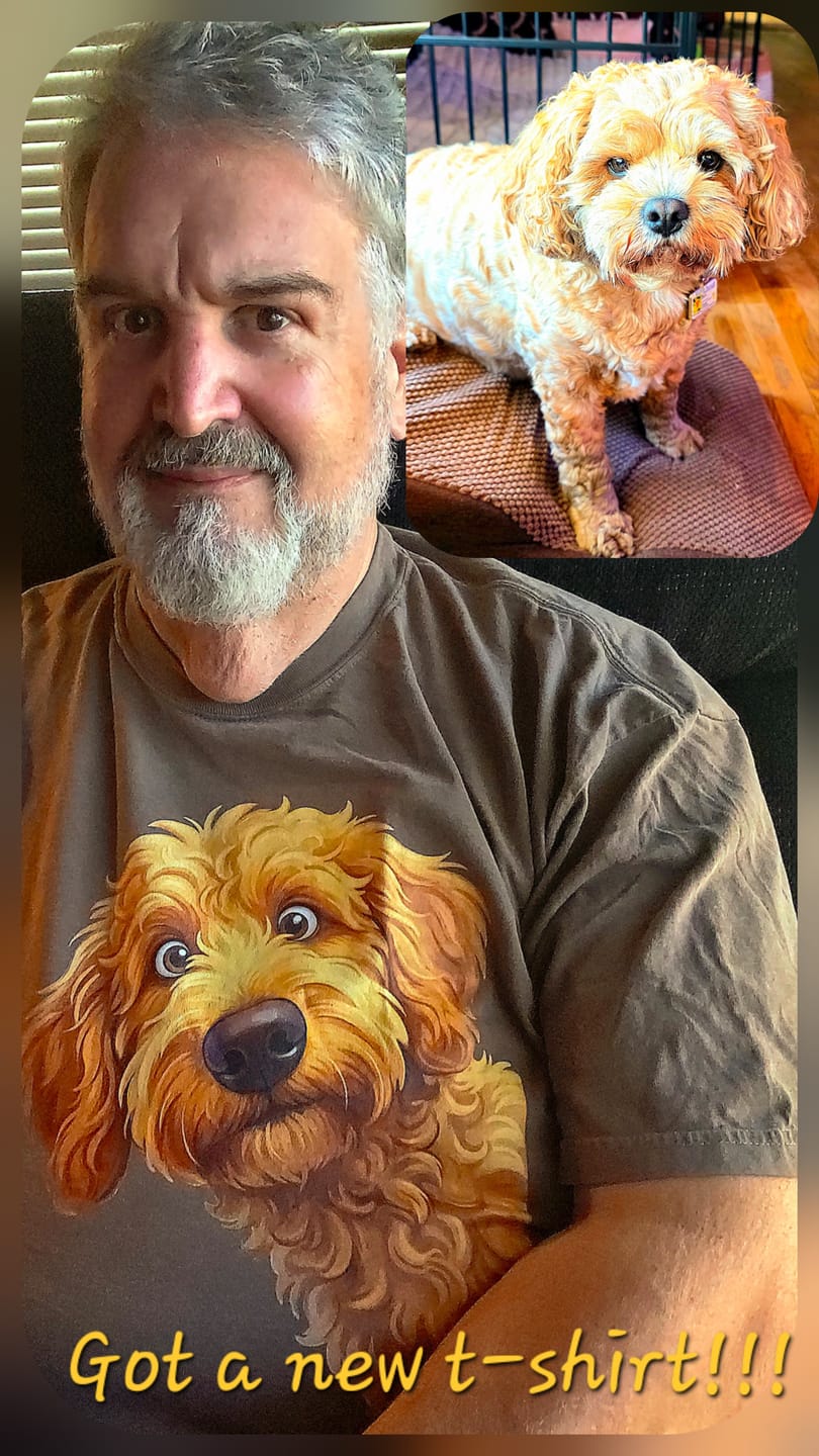 Customer photo review of Funny Peeking Apricot Goldendoodle Signature T-Shirt