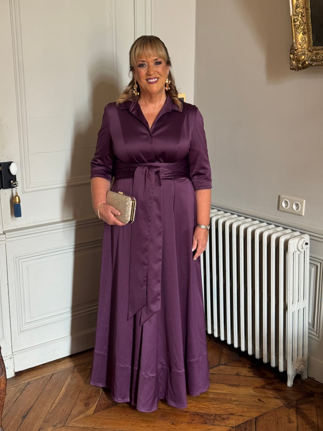 Customer photo review of 'Signature' Plum Stretch Satin Maxi Shirt Dress