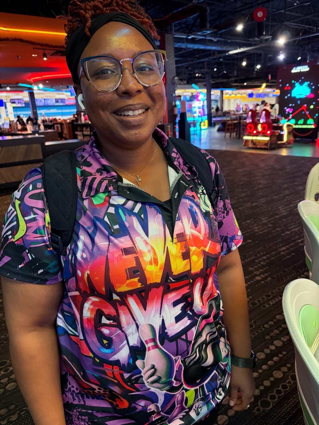 Customer photo review of Frenzidea Bowling And Pins Funny Never Give Up Graffiti Pattern Customized Name, Team Name 3D Shirt (4 Colors)