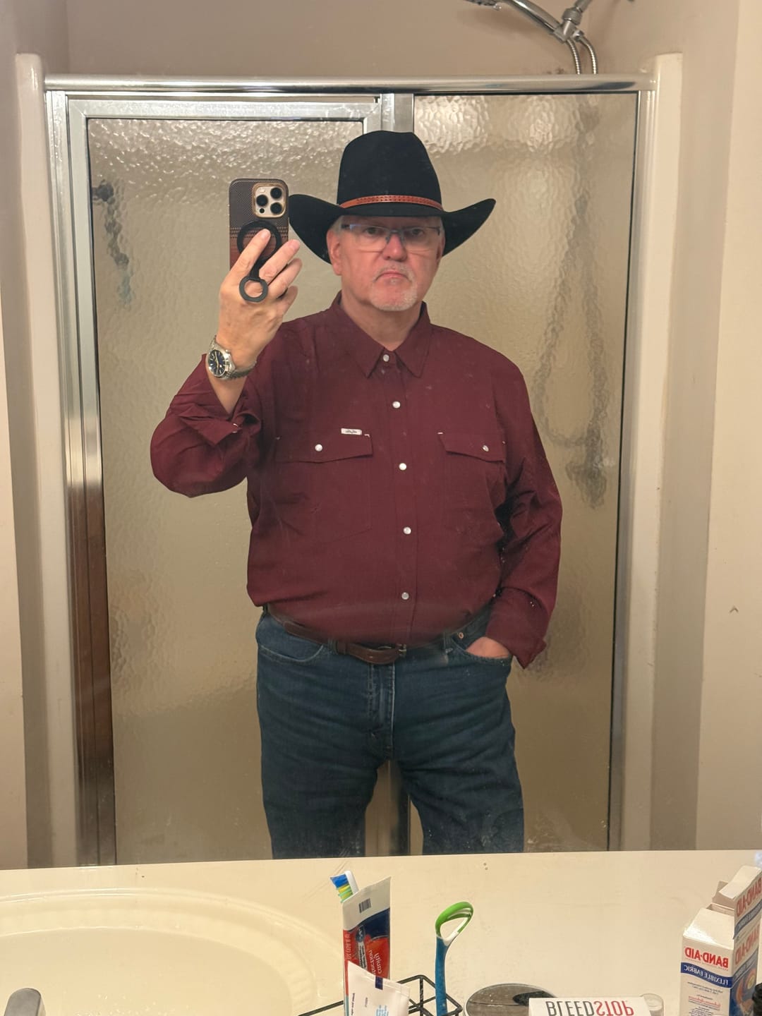 Customer photo review of San Jac Men's Long Sleeve Performance Pearl Snap Shirt - Maroon