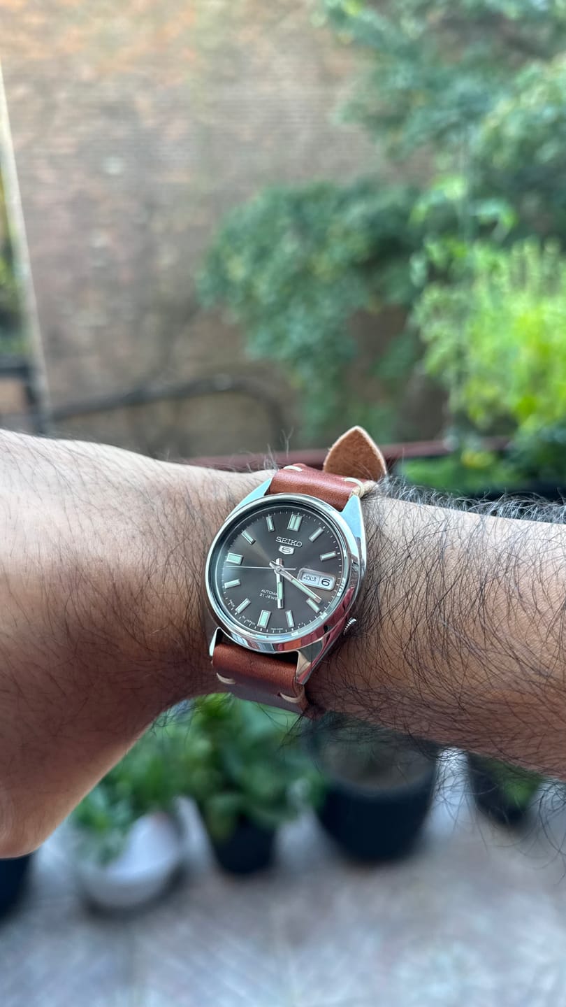 Customer photo review of Horween English Tan Dublin Leather Watch Strap, Natural Thread