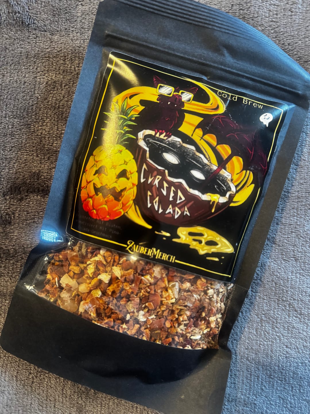 Customer photo review of Cursed Colada Cold Brew Tee – Pina Colada Eistee