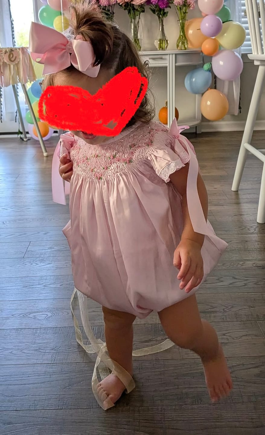 Customer photo review of Pink Satin Rosette & Pearls Smocked Bishop Bubble