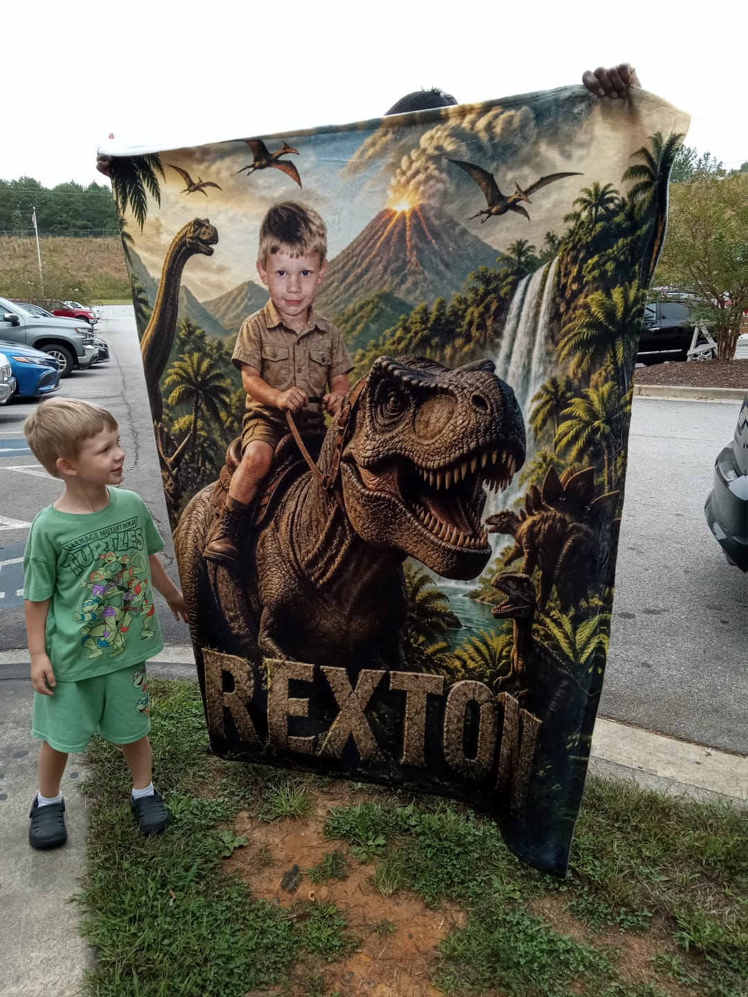 Customer photo review of Personalized Dinosaur Blanket | Their Photo, Their Adventure