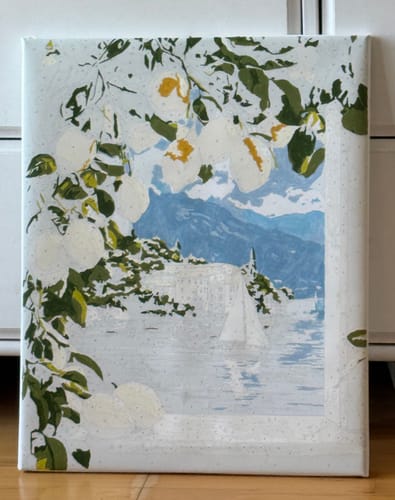 Kundenfoto des Malen nach Zahlen Fensterzitronen Sets, eine teils bemalte Leinwand mit Zitronenmotiv und Landschaftsblick.