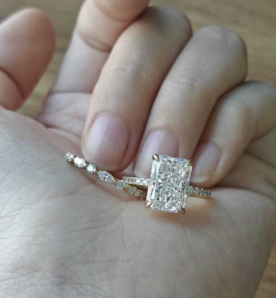Customer photo review of S925 4.5Ct Radiant Cut Hidden Halo Wedding Set Brilliance in Every Angle Stackable RIngs