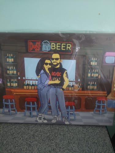 Customer's custom Horizontal Canvas featuring a cartoon couple in a bar setting with Duff Beer neon sign above.