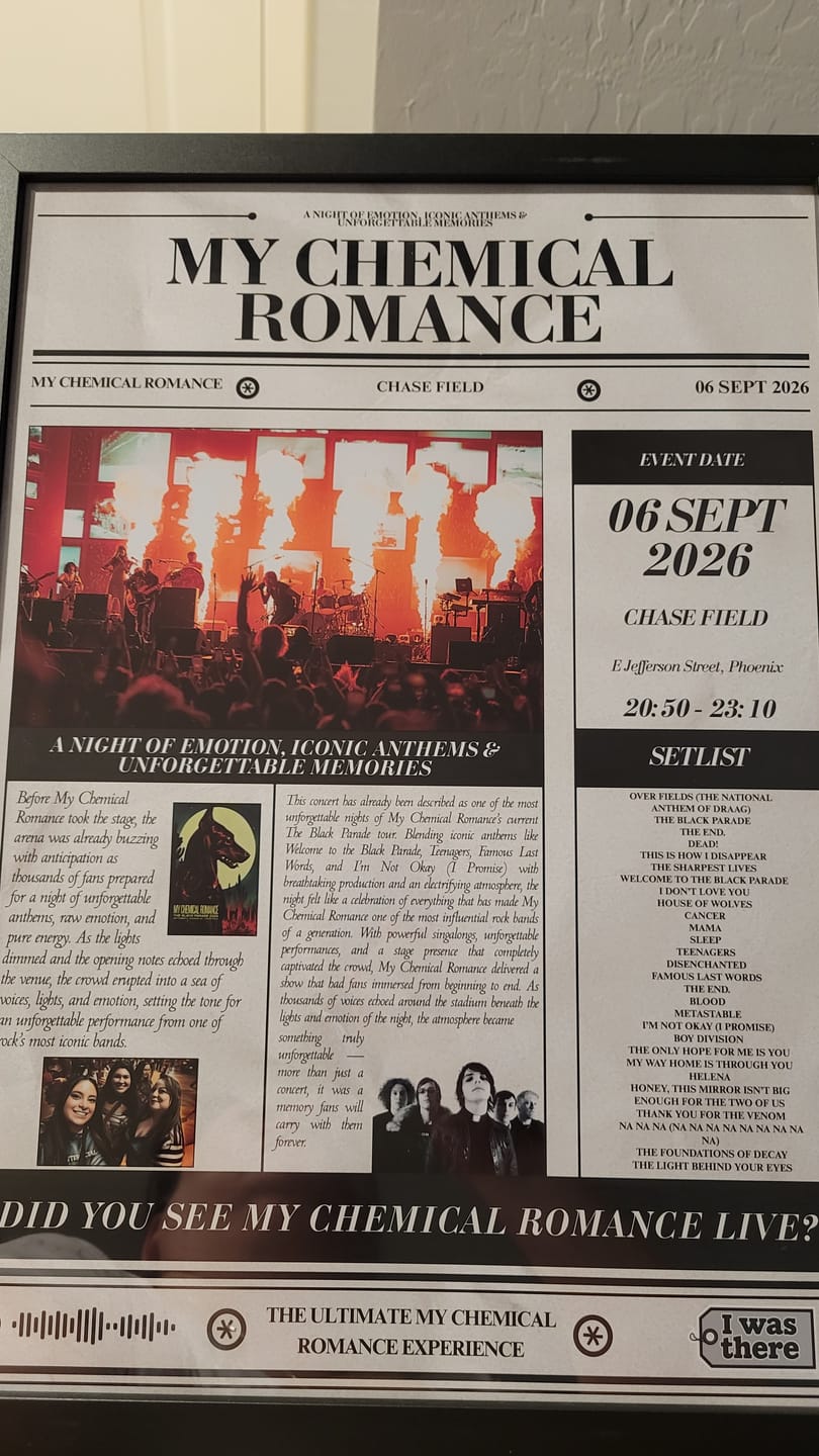 Customer photo review of My Chemical Romance - Personalised Newspaper Style Concert Poster (USA Tour)