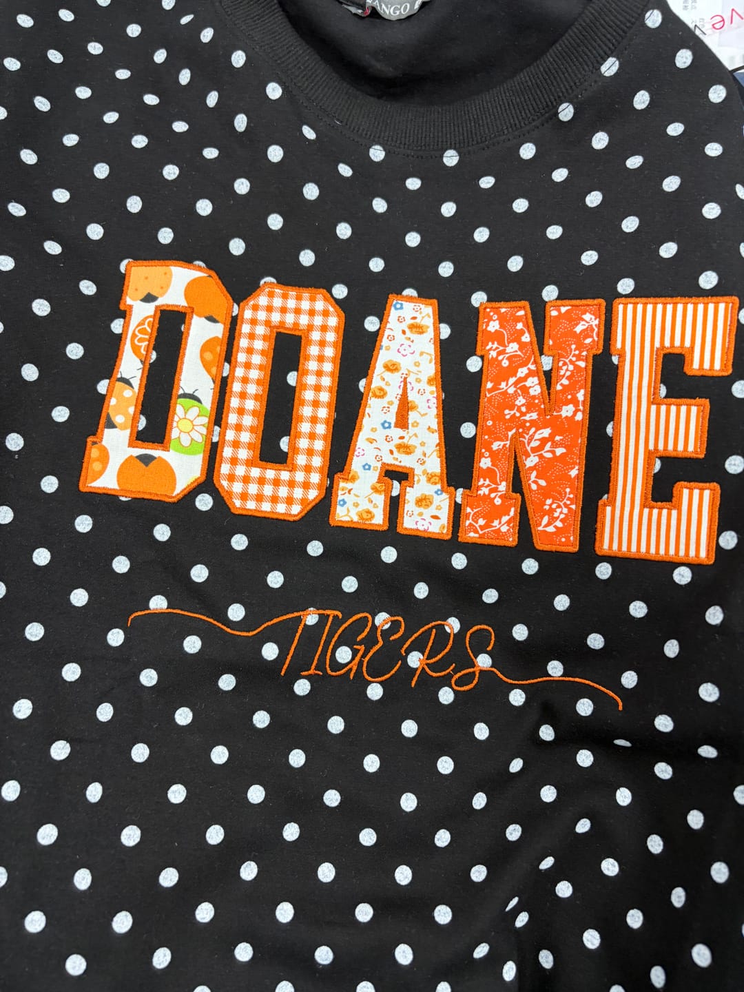 Customer photo review of Custom Patchwork Fabric Embroidered Polka Dot Sweatshirt Team and School Name Applique Varsity Letters | Game Day Wear