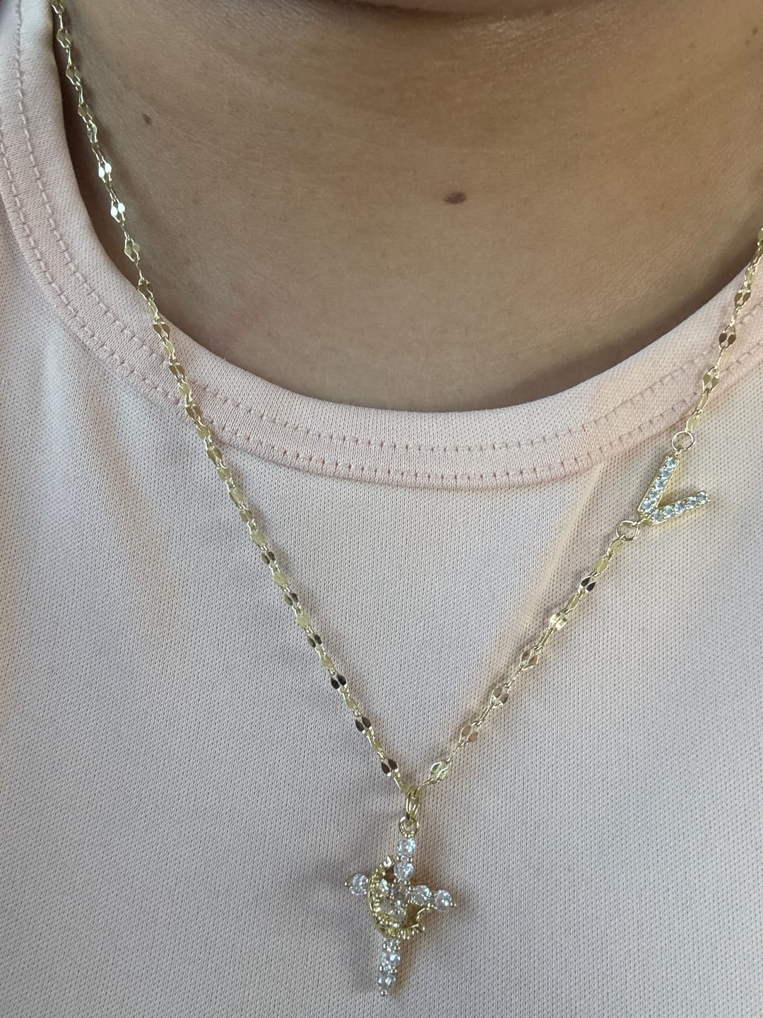 Customer photo review of FREE Today: Golden & Silver-Tone Personalized A-Z Initial Crown Cross Necklace: Custom Sacred Faith Monogram Pendant Jewelry