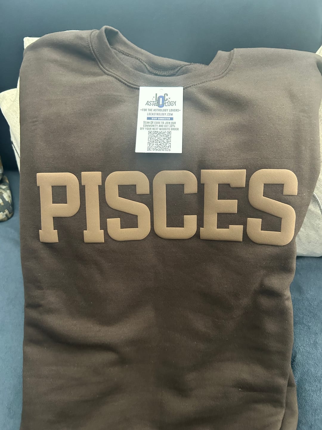Customer photo review of Chocolate Zodiac Puff Print Crewneck