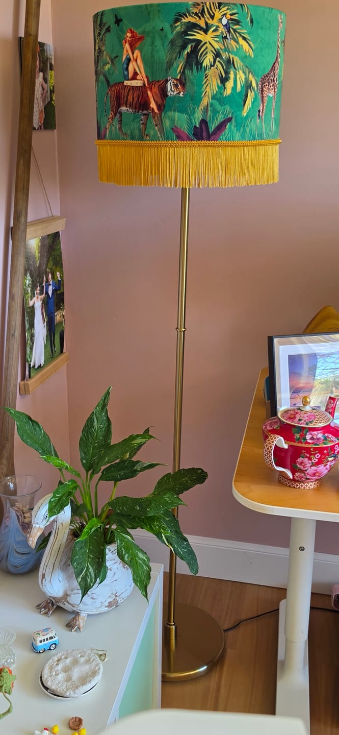 Customer photo review of Queen K Jungle Walk Green Tassel Fringed Drum Lampshade