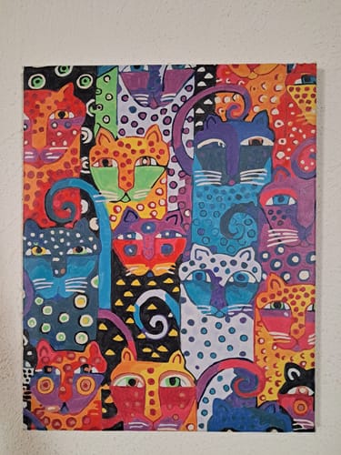 Customer's completed Chats abstraits painting featuring a vibrant collection of colorful, patterned cats.