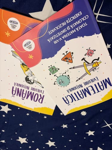 Customer's Pachet Evaluare Națională (Română + Matematică) Bacademia books laid on a starry patterned surface.