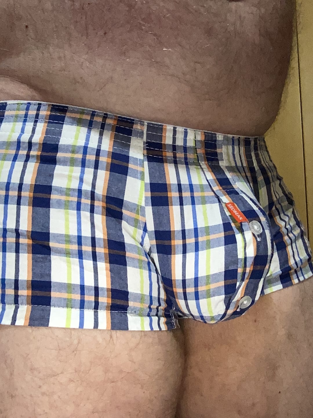 Customer photo review of Mens Plaid Front Pouch Boxer Shorts