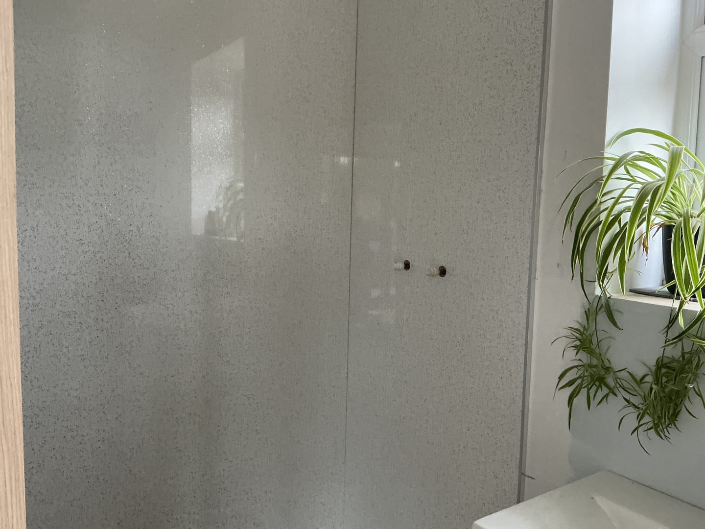 Customer photo review of 10mm Platinum White Sparkle Gloss Shower Panel 1M x 2.4M