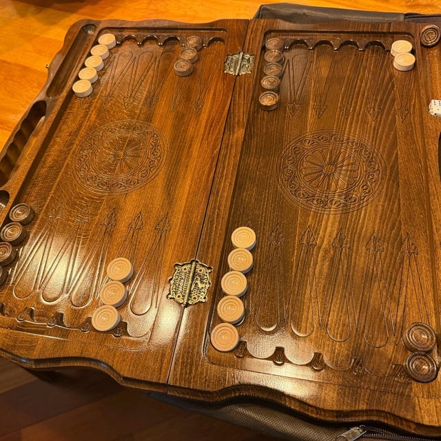 Customer photo review of Lion Head and Grape Clusters Backgammon Set with Handle