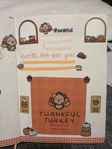 Customer's Thankful Turkey Bundle stickers and notes inside a planner, decorated with autumn themes and cozy characters.