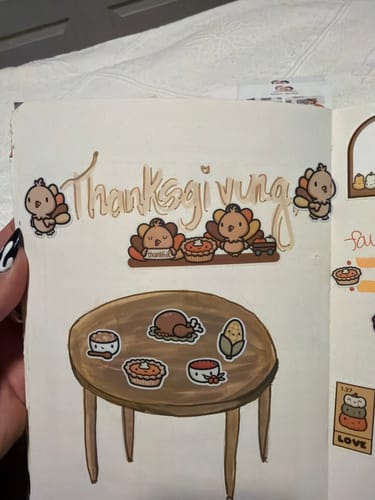 Customer's Thankful Turkey Bundle stickers arranged on a notebook page to create a cute Thanksgiving table spread.