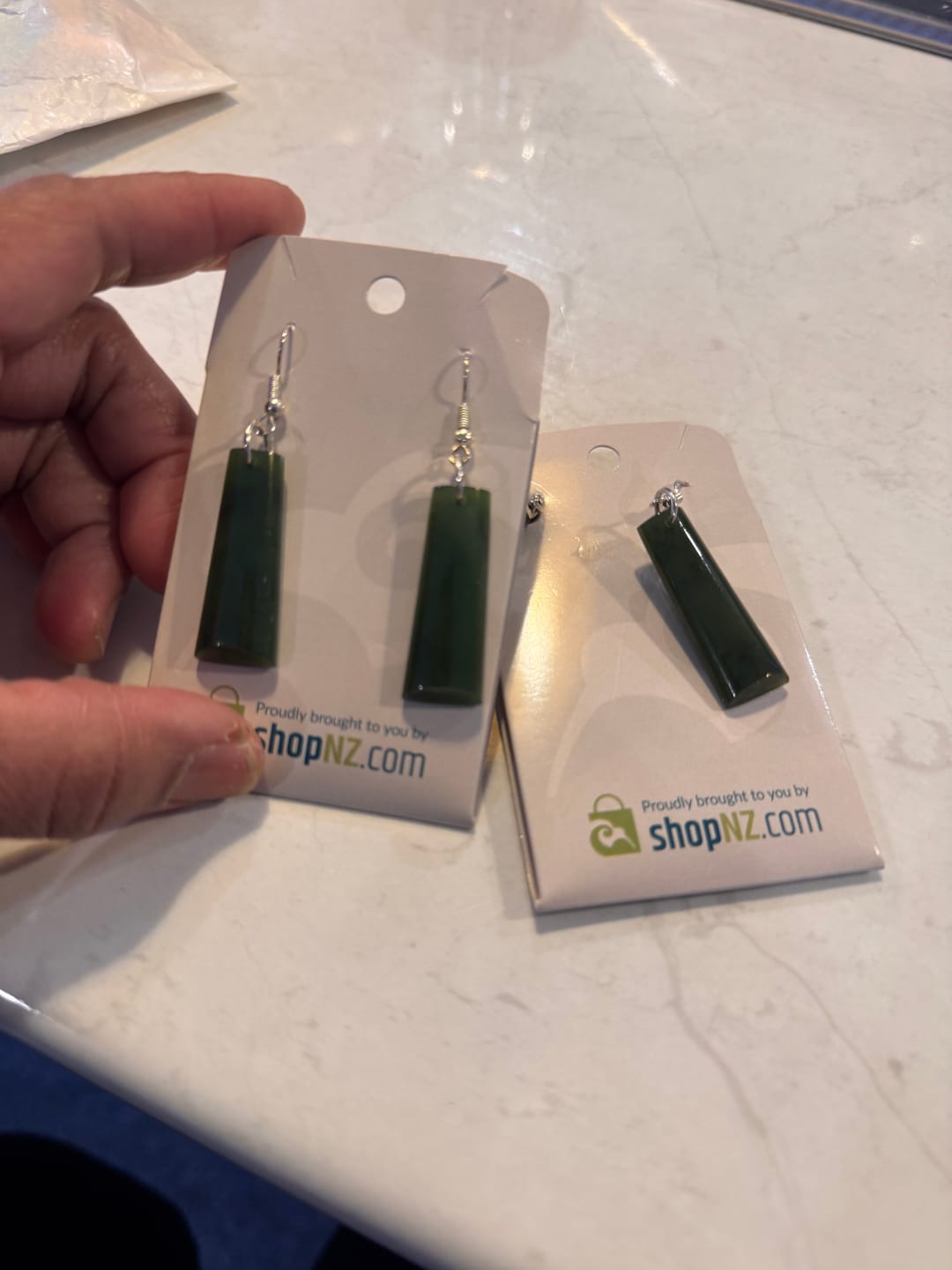Customer photo review of Greenstone Jade Toki Earrings