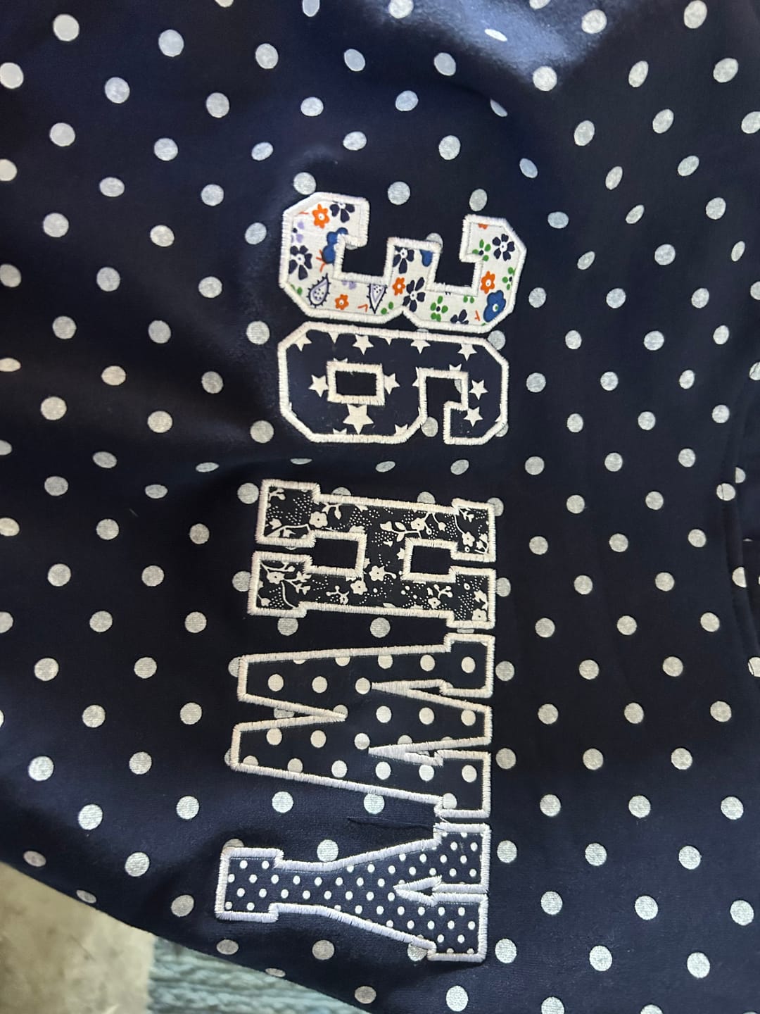 Customer photo review of Custom Patchwork Fabric Embroidered Polka Dot Sweatshirt Team and School Name Applique Varsity Letters | Game Day Wear