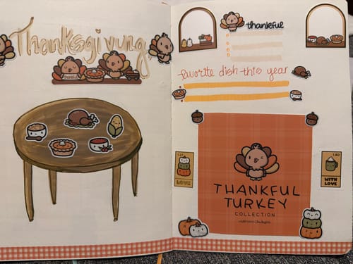 Customer's open notebook featuring a complete Thanksgiving-themed spread decorated with Thankful Turkey Bundle stickers.
