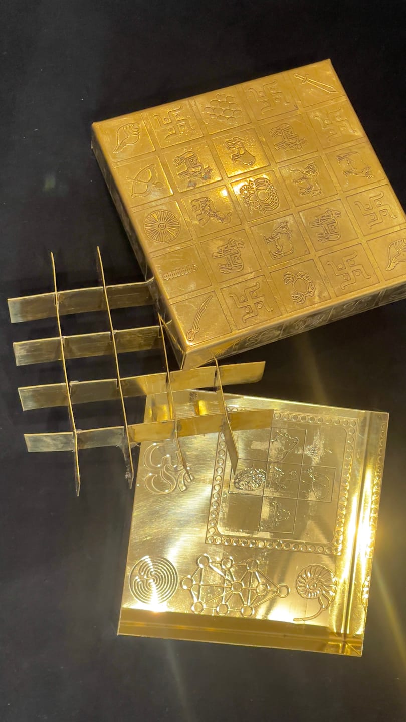 Customer photo review of Brass Manjusha Yantra Box with Partition – Vastu Remedy for Brahmasthan Correction | 16-Compartment Energy Organizer with 45 Devta Symbols | 5 & 9 Inch Sizes