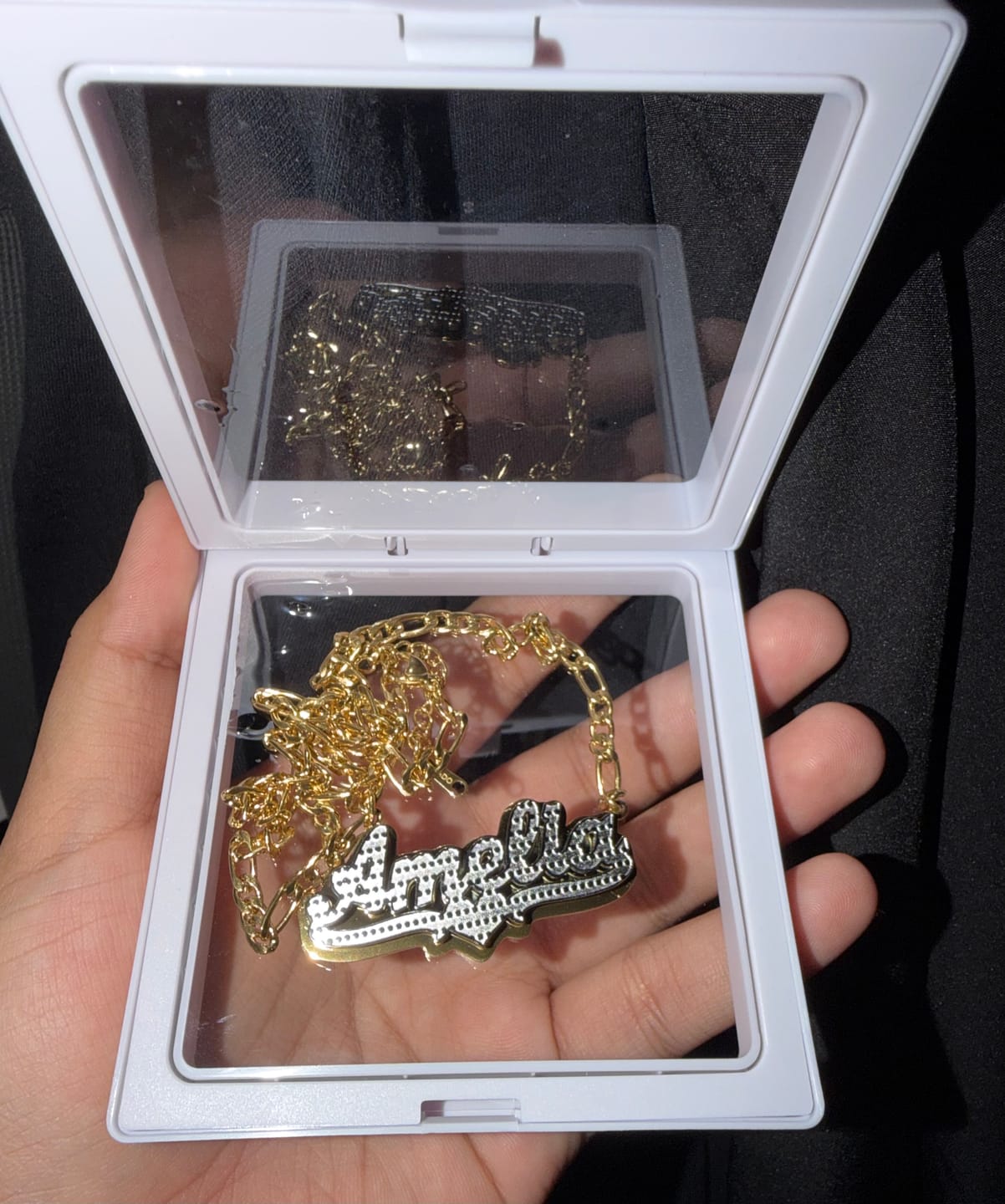 Customer photo review of Double Plated Pop Out Heart Name Necklace w/ Figaro Chain