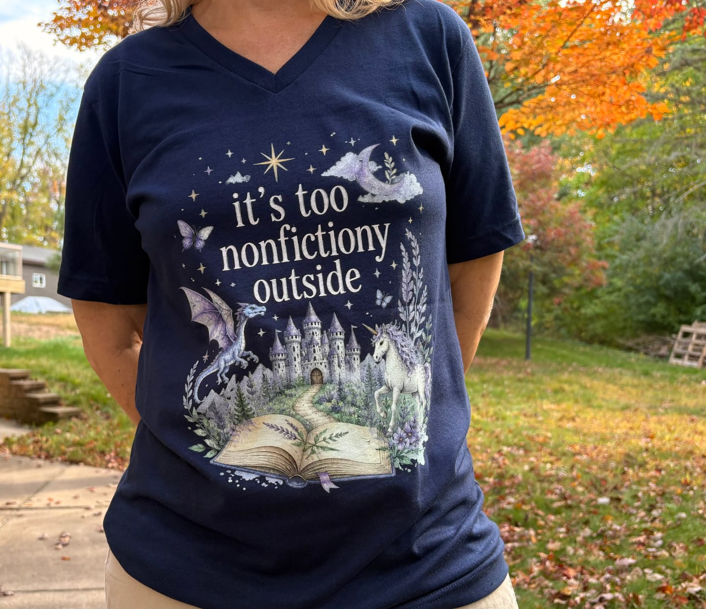 Customer photo review of It's Too Nonfictiony Outside Literary Fantasy V-Neck
