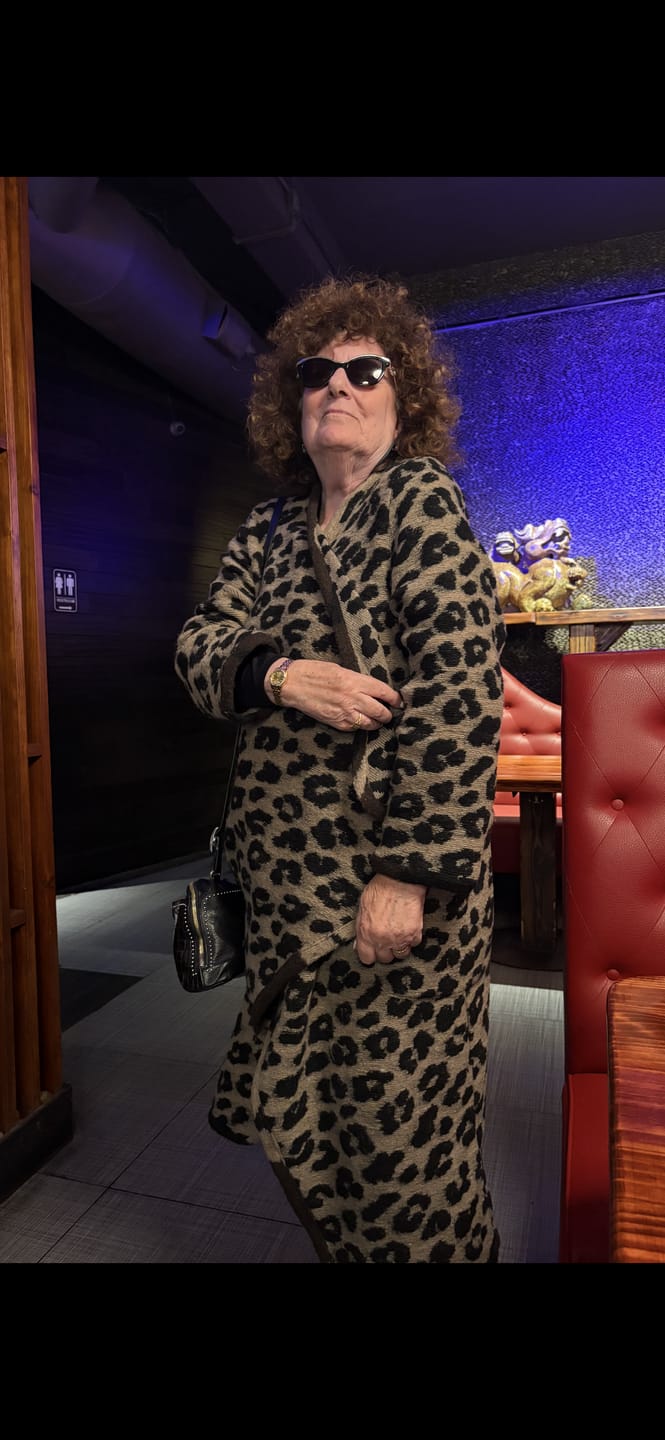 Customer photo review of Sable Cozy Draped Coat, Leopard
