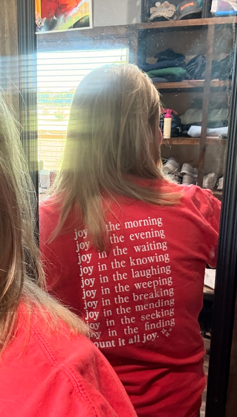 Customer photo review of Count It All Joy Tee - Cherry Red