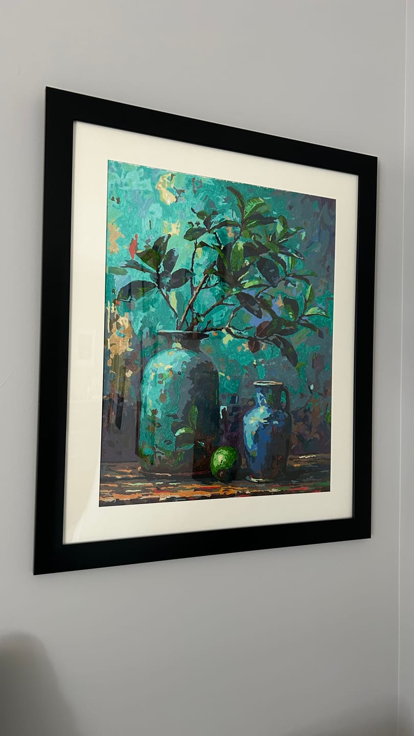 Customer photo review of Vases, Lime, & Aqua Brushwork (Paint by Numbers)