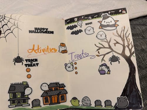 Reviewer's full journal spread using the Spooky Boos Bundle with ghost, house, and spider stickers