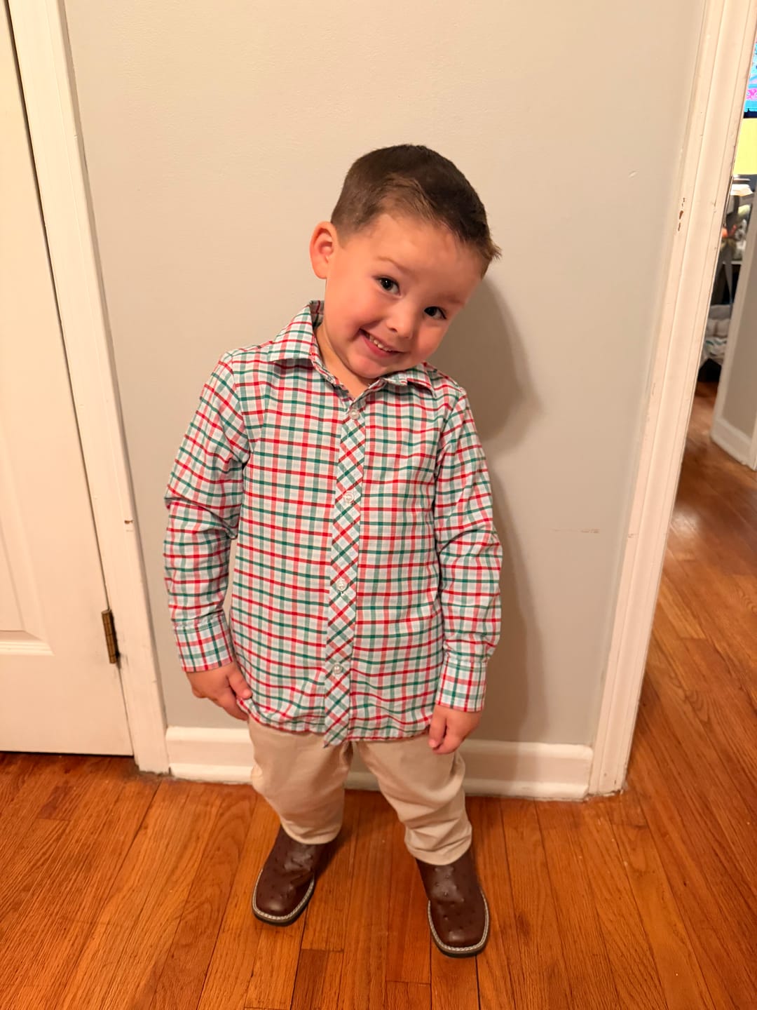 Customer photo review of Christmas Eve Plaid Button Down Shirt