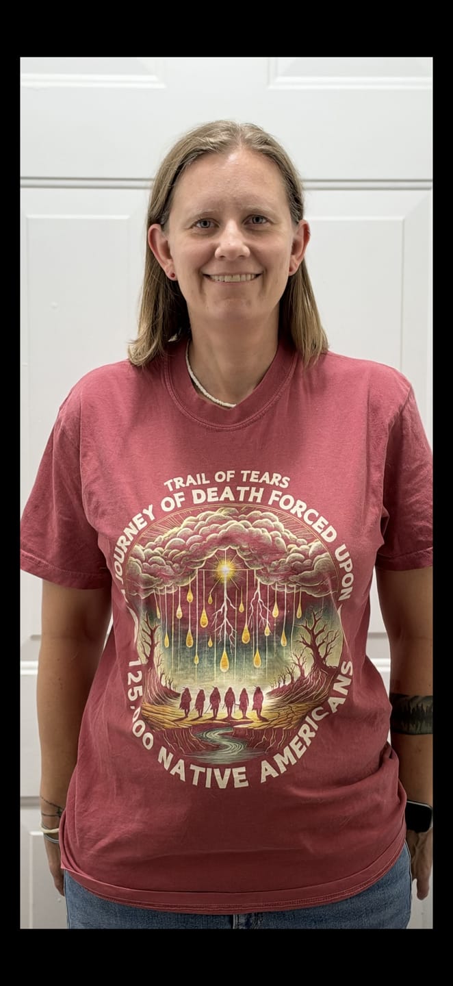 Holly C., a customer, wearing the Kiona shirt
