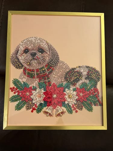 Customer's completed 3D Pearl Art DIY Kit featuring a shimmering dog portrait with a scarf and poinsettia in a gold frame.