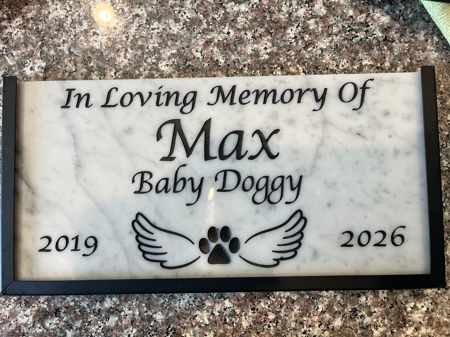 Customer photo review of Pet Grave Marker, Dog head stone, Personalized Outdoor Engraved Pet Stone You left paw Prints